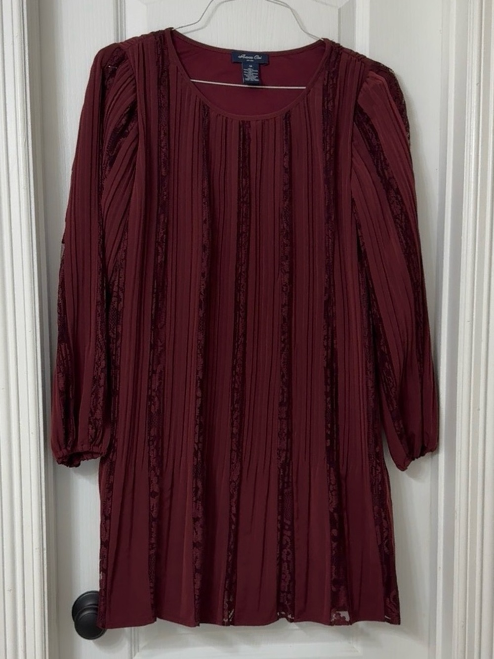 Anna Cai burgundy long sleeve pleated tunic dress lace details lined size M